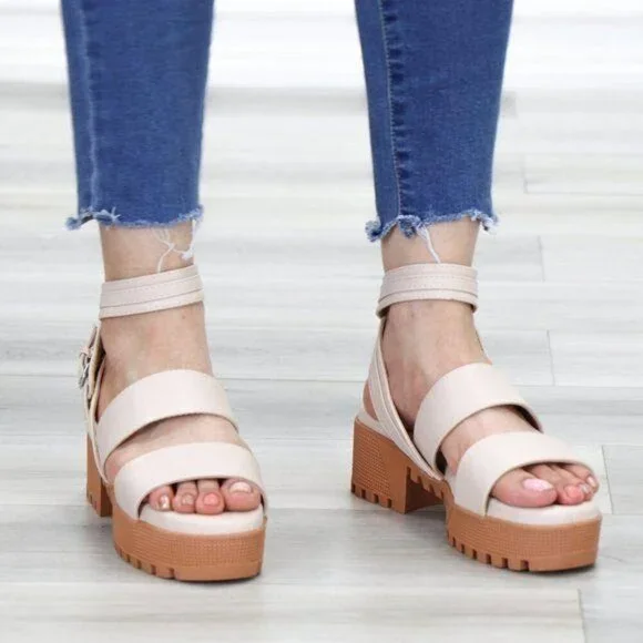 Nude Strappy Chunky Heel Sandal Faux Leather - Picture 3 of 12